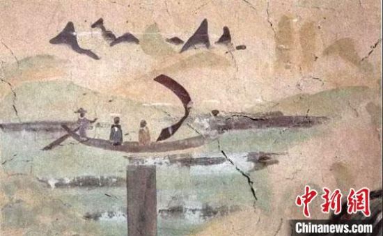 “一人搖櫓晃扁舟，兩人撐篙水上漂?！眻D為莫高窟第323窟《搖櫓帆船》（初唐）?！《鼗脱芯吭汗﹫D