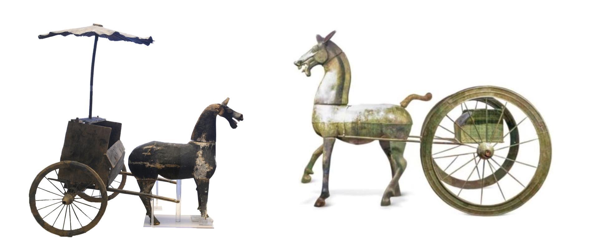 △左為漢代木軺車，藏于青海省博物館；右為東漢銅車馬，藏于黔西南州博物館。